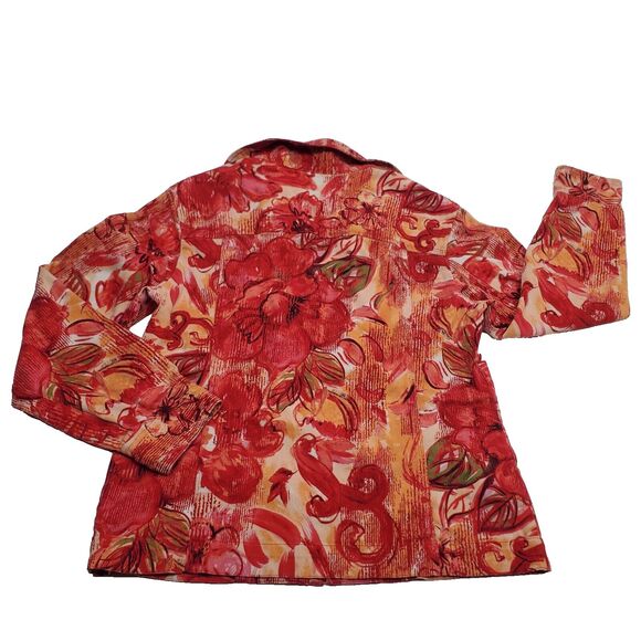 Chicos Additions Floral Red Orange Yellow Beige Zippered Jacket Womens Sz 1 - Picture 2 of 16